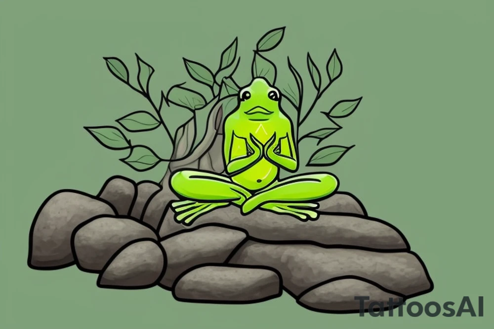 A green tree frog with humanoid body sitting cross legged in lotus position. Meditating like a zen monk. He is sitting on a rock. tattoo idea