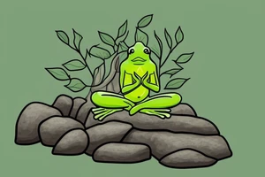 A green tree frog with humanoid body sitting cross legged in lotus position. Meditating like a zen monk. He is sitting on a rock. tattoo idea