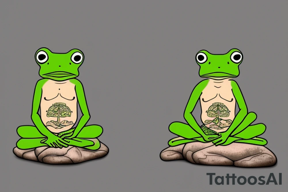 A green tree frog with humanoid body sitting cross legged in lotus position. Meditating like a zen monk. He is sitting on a rock. tattoo idea