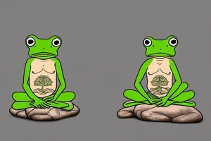 A green tree frog with humanoid body sitting cross legged in lotus position. Meditating like a zen monk. He is sitting on a rock. tattoo idea