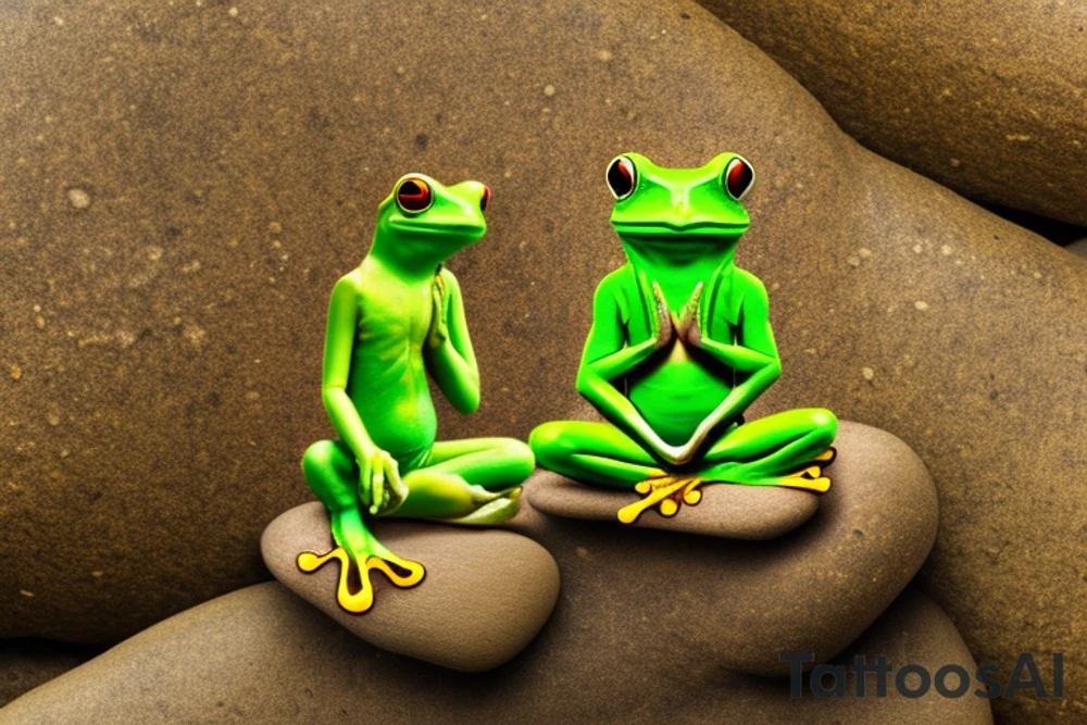A green tree frog with humanoid body sitting cross legged in lotus position. Meditating like a zen monk. He is sitting on a rock. There is a stalk behind him rising from the ground and revealing a leaf over his head. tattoo idea