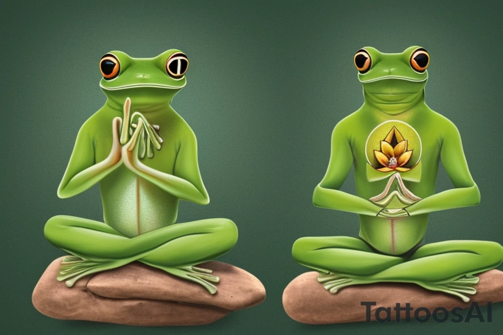 A green tree frog with humanoid body sitting cross legged in lotus position. Meditating like a zen monk. He is sitting on a rock. There is a stalk behind him rising from the ground and revealing a leaf over his head. tattoo idea
