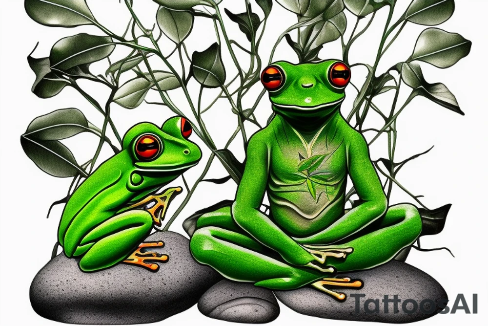 A green tree frog with humanoid body sitting cross legged in lotus position. Meditating like a zen monk. He is sitting on a rock. In the background There is a stalk behind him rising from the ground and revealing a leaf over his head. tattoo idea