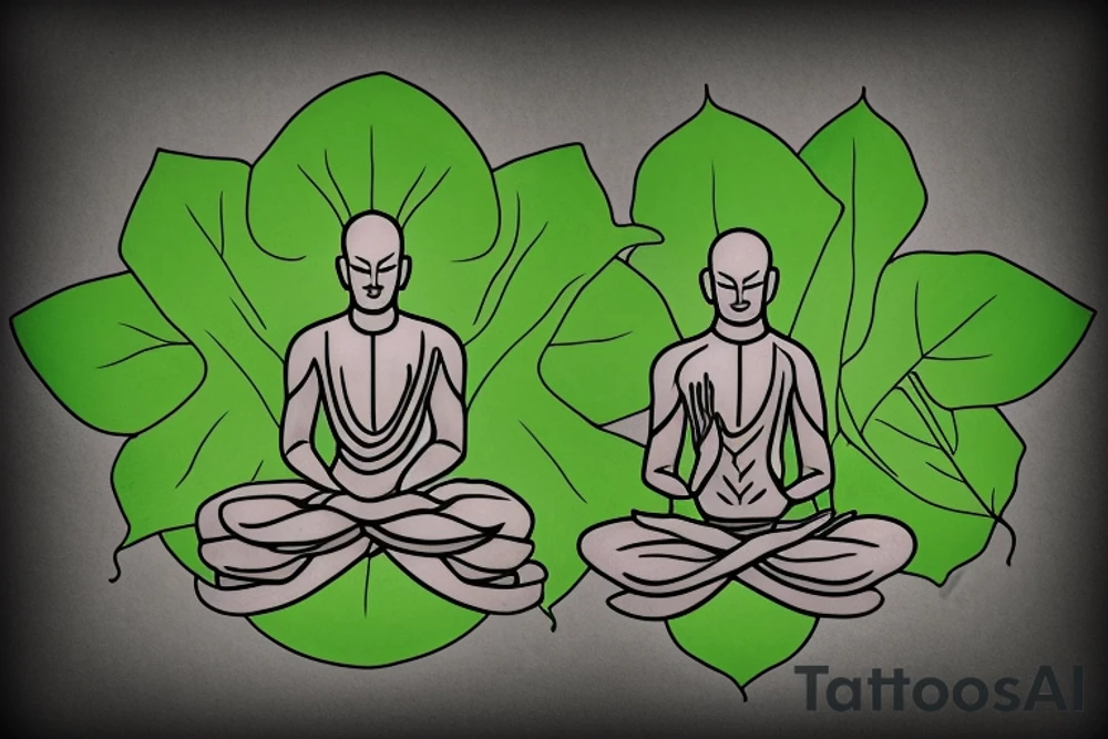 A green tree frog with humanoid body sitting cross legged in lotus position. Meditating like a zen monk. He is sitting on a rock. In the background There is a stalk behind him rising from the ground and revealing a leaf over his head. tattoo idea