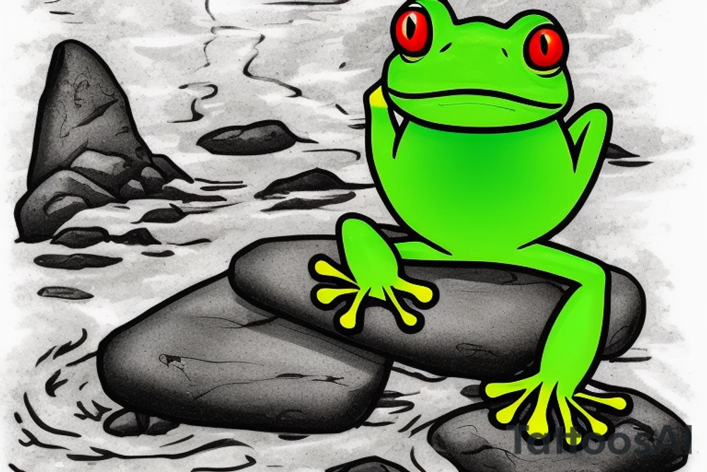A green frog. He is sitting cross-legged on a rock. He is in zen meditation. The background ha a league that is covering his head. Include some water elements. tattoo idea