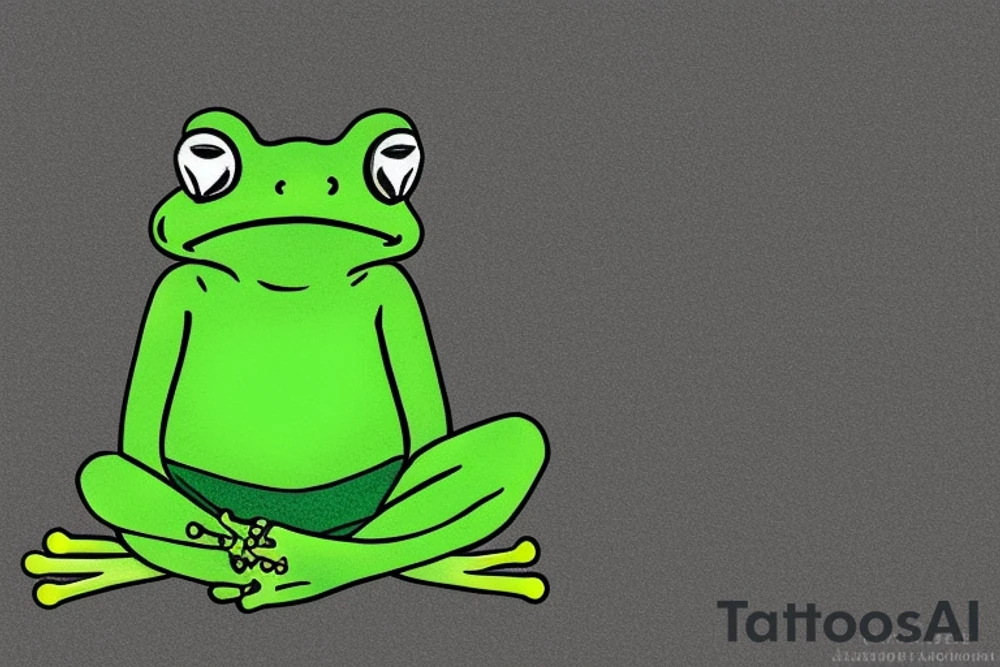 A green frog. He is sitting cross-legged on a rock. He is in zen meditation. The background ha a league that is covering his head. Include some water elements. tattoo idea