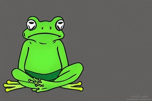 A green frog. He is sitting cross-legged on a rock. He is in zen meditation. The background ha a league that is covering his head. Include some water elements. tattoo idea