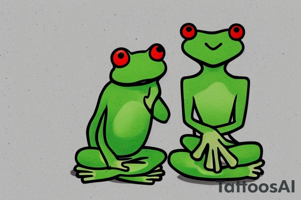 A green frog. He is sitting cross-legged on a rock. He is in zen meditation. The background ha a league that is covering his head. Include some water elements. tattoo idea