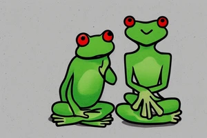 A green frog. He is sitting cross-legged on a rock. He is in zen meditation. The background ha a league that is covering his head. Include some water elements. tattoo idea