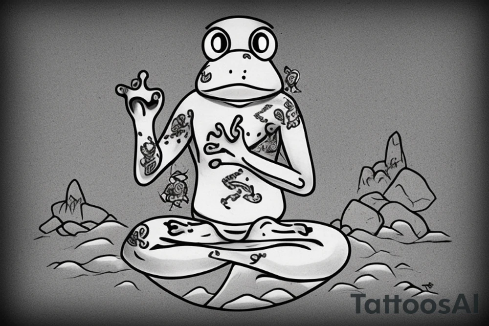 A green frog. He is sitting cross-legged on a rock. He is in zen meditation. The background ha a league that is covering his head. Include some water elements. tattoo idea