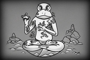 A green frog. He is sitting cross-legged on a rock. He is in zen meditation. The background ha a league that is covering his head. Include some water elements. tattoo idea