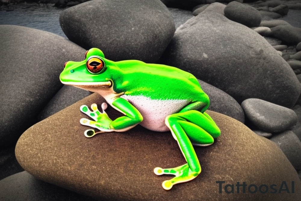 A green frog. He is sitting cross-legged on a rock. He is in zen meditation. The background ha a league that is covering his head. Include some water elements. tattoo idea