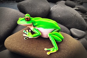 A green frog. He is sitting cross-legged on a rock. He is in zen meditation. The background ha a league that is covering his head. Include some water elements. tattoo idea