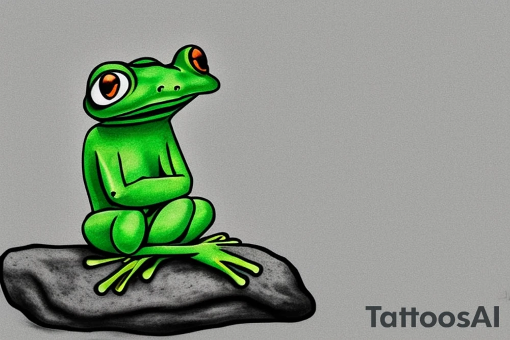 A green frog. He is sitting cross-legged on a rock. He is in zen meditation. The background ha a league that is covering his head. Include some water elements. tattoo idea