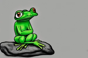 A green frog. He is sitting cross-legged on a rock. He is in zen meditation. The background ha a league that is covering his head. Include some water elements. tattoo idea