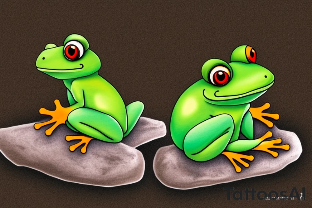 A green frog. He is sitting cross-legged on a rock. He is in zen meditation. The background has a leaf that is covering his head. Include some water elements. tattoo idea