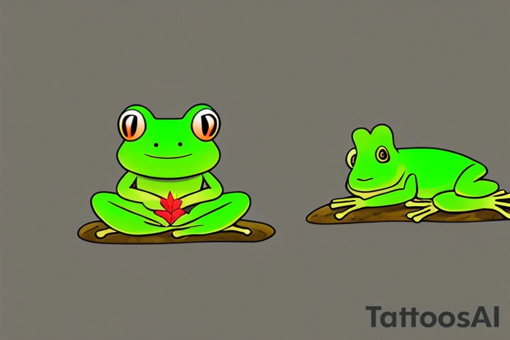 A green frog. He is sitting cross-legged on a rock. He is in zen meditation. The background has a leaf that is covering his head. Include some water elements. tattoo idea