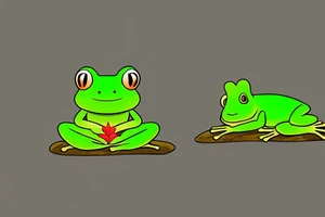 A green frog. He is sitting cross-legged on a rock. He is in zen meditation. The background has a leaf that is covering his head. Include some water elements. tattoo idea
