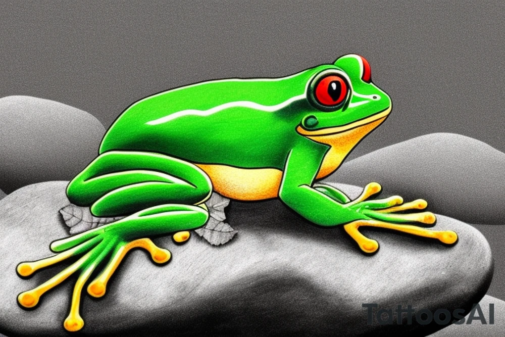 A green frog. He is sitting cross-legged on a rock. He is in zen meditation. The background has a leaf that is covering his head. Include some water elements. tattoo idea