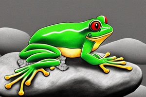 A green frog. He is sitting cross-legged on a rock. He is in zen meditation. The background has a leaf that is covering his head. Include some water elements. tattoo idea