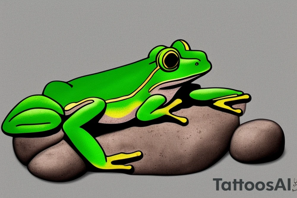 A green frog. He is sitting cross-legged on a rock. He is in zen meditation. The background has a leaf that is covering his head. Include some water elements. tattoo idea