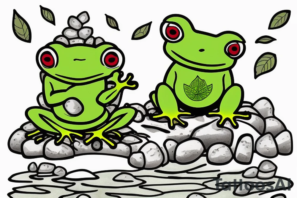 A green frog. He is sitting cross-legged on a rock. He is in zen meditation. The background has a leaf that is covering his head. Include some water elements. tattoo idea