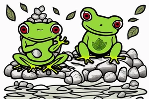 A green frog. He is sitting cross-legged on a rock. He is in zen meditation. The background has a leaf that is covering his head. Include some water elements. tattoo idea