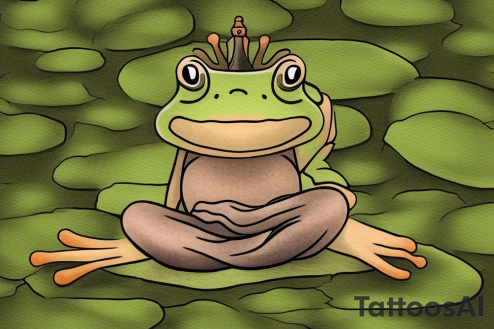 A green frog. He is sitting cross-legged on a rock. He is in zen meditation. The background has a leaf that is covering his head. Include some water elements. tattoo idea
