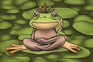 A green frog. He is sitting cross-legged on a rock. He is in zen meditation. The background has a leaf that is covering his head. Include some water elements. tattoo idea