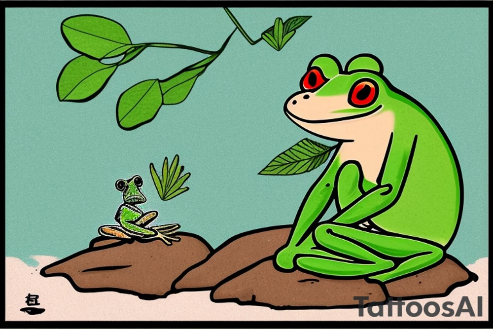 A green frog. He is sitting cross-legged on a rock. He is in zen meditation. The background has a leaf that is sheltering his head. Include some water elements. tattoo idea