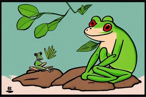 A green frog. He is sitting cross-legged on a rock. He is in zen meditation. The background has a leaf that is sheltering his head. Include some water elements. tattoo idea