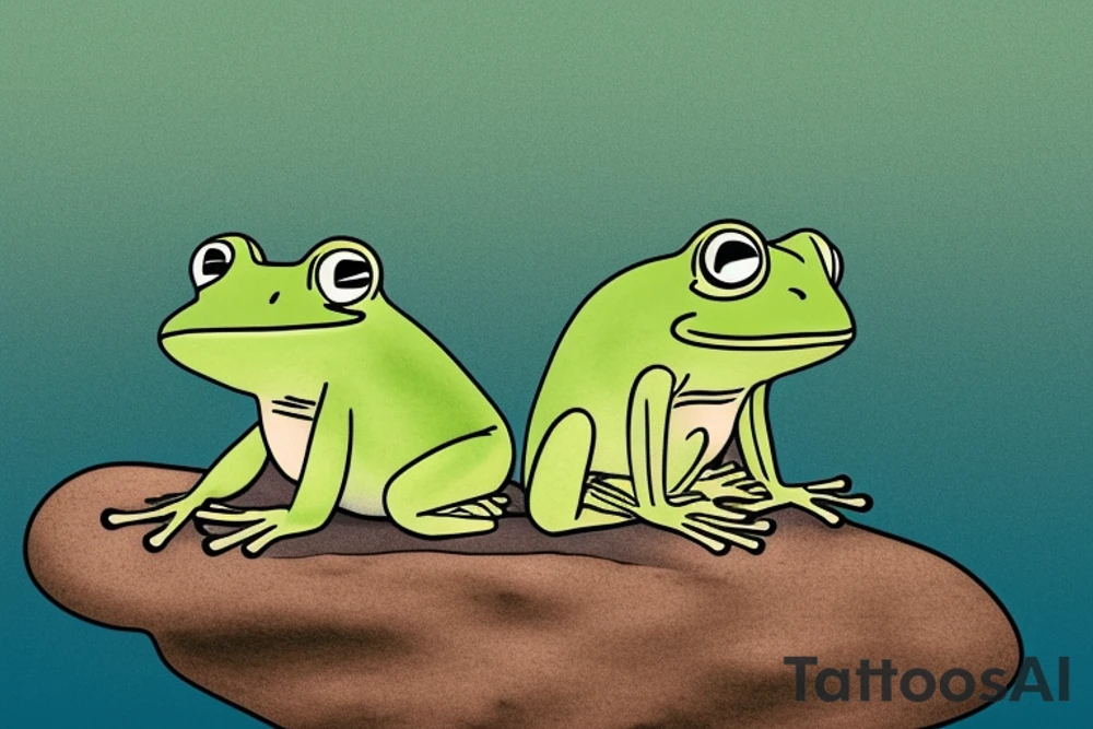 A green frog. He is sitting cross-legged on a rock. He is in zen meditation. The background has a leaf that is sheltering his head. Include some water elements. tattoo idea