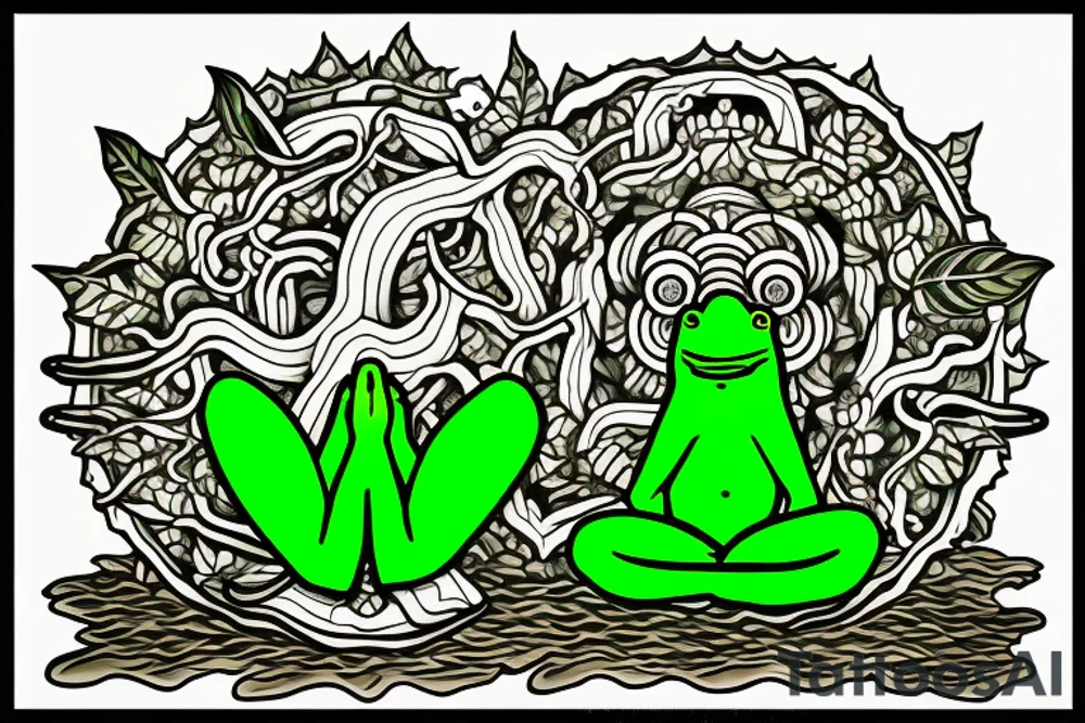 A green frog with humanoid body. He is sitting cross-legged on a rock. He is in zen meditation. The background has a leaf that is sheltering his head. Include some water elements. tattoo idea