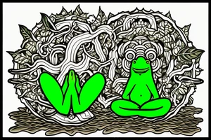 A green frog with humanoid body. He is sitting cross-legged on a rock. He is in zen meditation. The background has a leaf that is sheltering his head. Include some water elements. tattoo idea