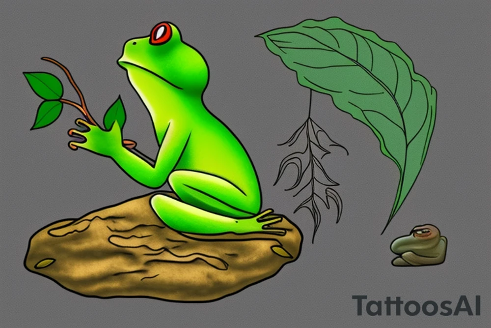 A green frog with humanoid body. He is sitting cross-legged on a rock. He is in zen meditation. The background has a leaf that is sheltering his head. Include some water elements. tattoo idea