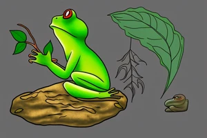 A green frog with humanoid body. He is sitting cross-legged on a rock. He is in zen meditation. The background has a leaf that is sheltering his head. Include some water elements. tattoo idea