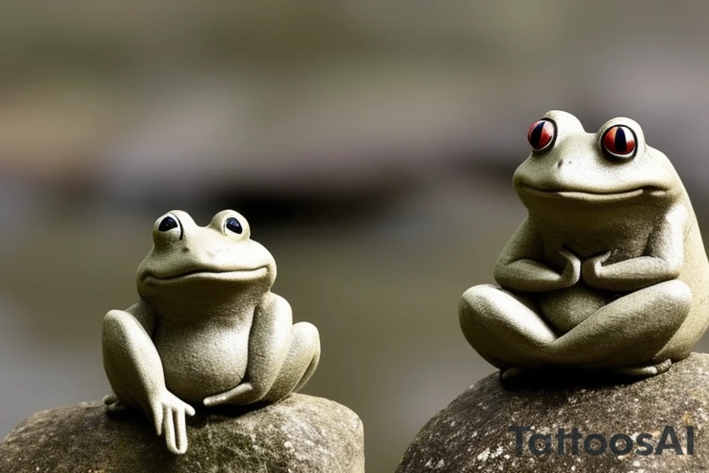 A meditating frog, cross-legged on a rock, with a leaf covering his head.

The frog should be depicted in a peaceful and serene state, with his eyes closed and a slight smile on his face. His hands should be resting on his knees in the traditional meditation pose. The rock should be large and sturdy, symbolizing the frog's stability and grounding. The leaf overhead should be lush and green, providing the frog with shelter and protection.

The overall tattoo should be calming and contemplative, conveying a sense of inner peace and harmony. It should be a reminder to the wearer to slow down, appreciate the simple things in life, and find their own inner zen.

Here are some additional details that you could include in the prompt:

The frog's skin could be green, with yellow spots.
The rock could be gray, with moss growing on it.
The leaf could be a large, heart-shaped leaf.
The background could be a simple wash of blue, representing the sky.
You could add a few other elements to the tattoo, such as a lotus flower or a waterfall, but be careful not to overcrowd the design.
Ultimately, the best way to create a unique and meaningful tattoo is to work with an artist who can understand your vision and bring it to life. tattoo idea