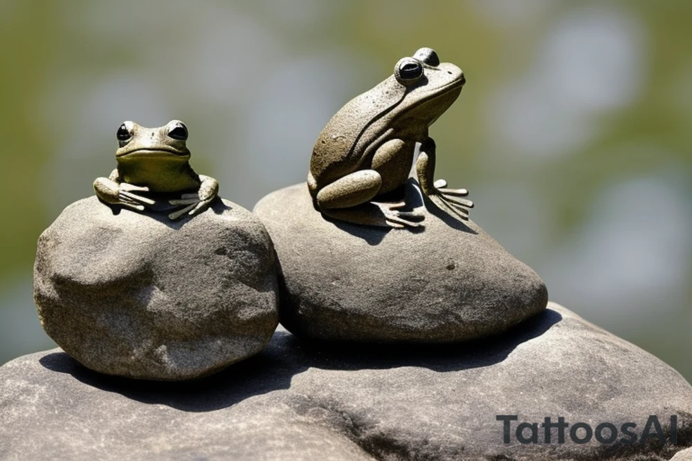A meditating frog, cross-legged on a rock, with a leaf covering his head.

The frog should be depicted in a peaceful and serene state, with his eyes closed and a slight smile on his face. His hands should be resting on his knees in the traditional meditation pose. The rock should be large and sturdy, symbolizing the frog's stability and grounding. The leaf overhead should be lush and green, providing the frog with shelter and protection.

The overall tattoo should be calming and contemplative, conveying a sense of inner peace and harmony. It should be a reminder to the wearer to slow down, appreciate the simple things in life, and find their own inner zen.

Here are some additional details that you could include in the prompt:

The frog's skin could be green, with yellow spots.
The rock could be gray, with moss growing on it.
The leaf could be a large, heart-shaped leaf.
The background could be a simple wash of blue, representing the sky.
You could add a few other elements to the tattoo, such as a lotus flower or a waterfall, but be careful not to overcrowd the design.
Ultimately, the best way to create a unique and meaningful tattoo is to work with an artist who can understand your vision and bring it to life. tattoo idea