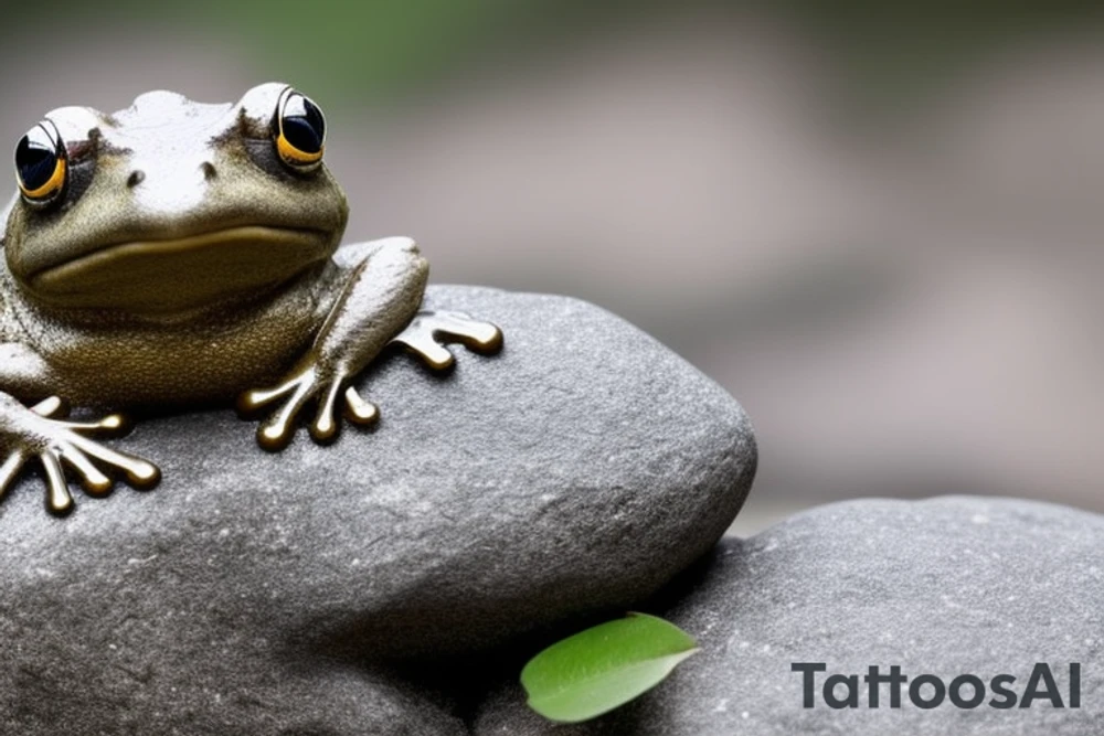 A meditating frog, cross-legged on a rock, with a leaf covering his head.

The frog should be depicted in a peaceful and serene state, with his eyes closed and a slight smile on his face. His hands should be resting on his knees in the traditional meditation pose. The rock should be large and sturdy, symbolizing the frog's stability and grounding. The leaf overhead should be lush and green, providing the frog with shelter and protection.

The overall tattoo should be calming and contemplative, conveying a sense of inner peace and harmony. It should be a reminder to the wearer to slow down, appreciate the simple things in life, and find their own inner zen.

Here are some additional details that you could include in the prompt:

The frog's skin could be green, with yellow spots.
The rock could be gray, with moss growing on it.
The leaf could be a large, heart-shaped leaf.
The background could be a simple wash of blue, representing the sky.
You could add a few other elements to the tattoo, such as a lotus flower or a waterfall, but be careful not to overcrowd the design. tattoo idea