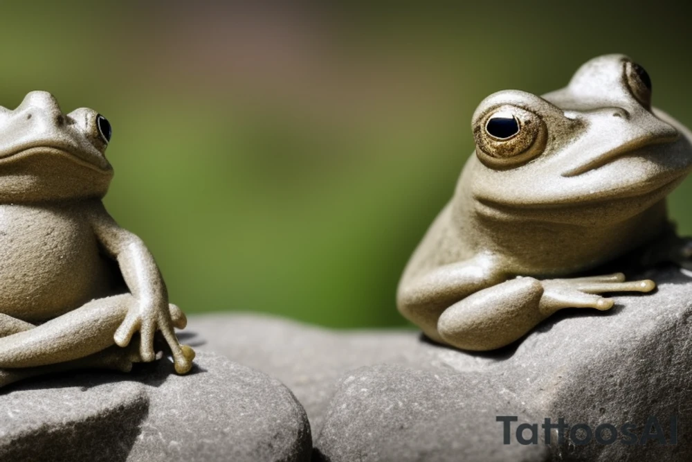 A meditating frog, cross-legged on a rock, with a leaf covering his head.

The frog should be depicted in a peaceful and serene state, with his eyes closed and a slight smile on his face. His hands should be resting on his knees in the traditional meditation pose. The rock should be large and sturdy, symbolizing the frog's stability and grounding. The leaf overhead should be lush and green, providing the frog with shelter and protection.

The overall tattoo should be calming and contemplative, conveying a sense of inner peace and harmony. It should be a reminder to the wearer to slow down, appreciate the simple things in life, and find their own inner zen.

Here are some additional details that you could include in the prompt:

The frog's skin could be green, with yellow spots.
The rock could be gray, with moss growing on it.
The leaf could be a large, heart-shaped leaf.
The background could be a simple wash of blue, representing the sky.
You could add a few other elements to the tattoo, such as a lotus flower or a waterfall, but be careful not to overcrowd the design. tattoo idea