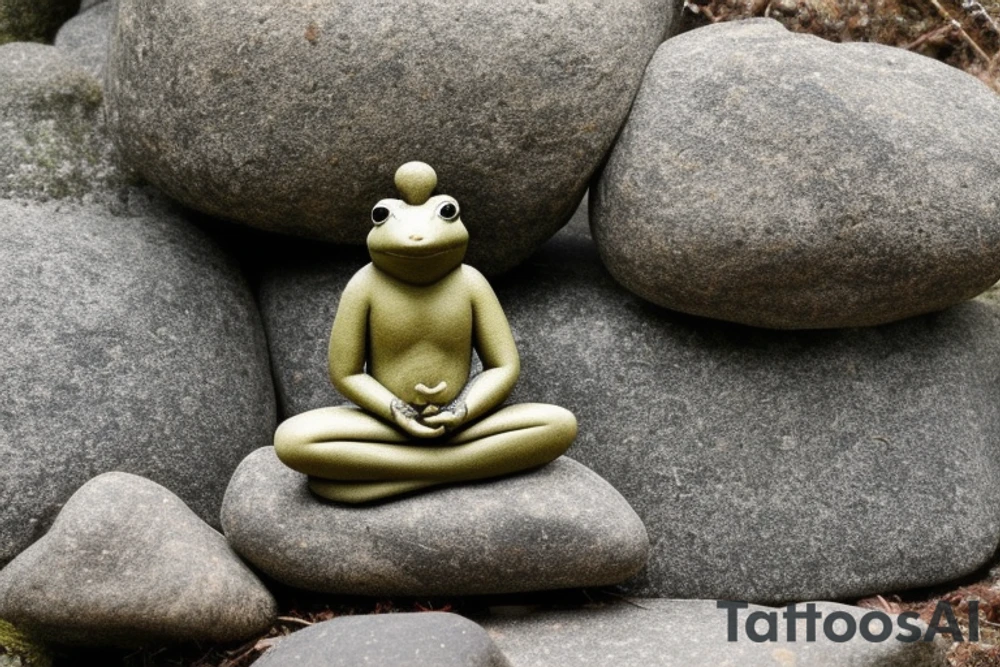 A meditating frog, cross-legged on a rock, with a leaf covering his head.

The frog should be depicted in a peaceful and serene state, with his eyes closed and a slight smile on his face. His hands should be resting on his knees in the traditional meditation pose. The rock should be large and sturdy, symbolizing the frog's stability and grounding. The leaf overhead should be lush and green, providing the frog with shelter and protection.

The overall tattoo should be calming and contemplative, conveying a sense of inner peace and harmony. It should be a reminder to the wearer to slow down, appreciate the simple things in life, and find their own inner zen.

Here are some additional details that you could include in the prompt:

The frog's skin could be green, with yellow spots.
The rock could be gray, with moss growing on it.
The leaf could be a large, heart-shaped leaf.
The background could be a simple wash of blue, representing the sky.
You could add a few other elements to the tattoo, such as a lotus flower or a waterfall, but be careful not to overcrowd the design. tattoo idea