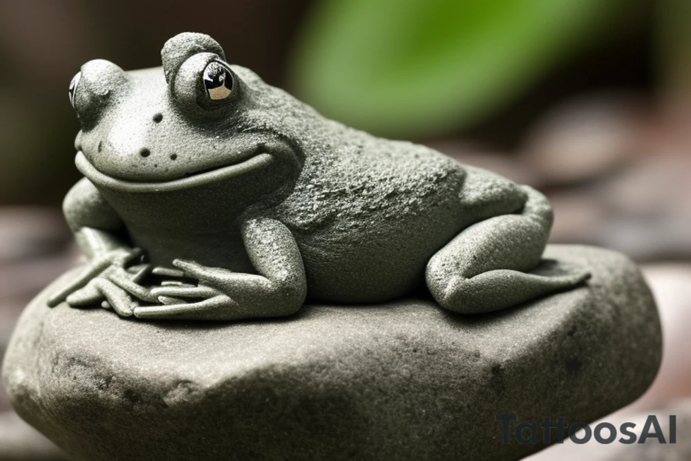 A meditating frog, cross-legged on a rock, with a leaf covering his head.

The frog should be depicted in a peaceful and serene state, with his eyes closed and a slight smile on his face. His hands should be resting on his knees in the traditional meditation pose. The rock should be large and sturdy, symbolizing the frog's stability and grounding. The leaf overhead should be lush and green, providing the frog with shelter and protection.

The overall tattoo should be calming and contemplative, conveying a sense of inner peace and harmony. It should be a reminder to the wearer to slow down, appreciate the simple things in life, and find their own inner zen.

Here are some additional details that you could include in the prompt:

The frog's skin could be green, with yellow spots.
The rock could be gray, with moss growing on it.
The leaf could be a large, heart-shaped leaf.
The background could be a simple wash of blue, representing the sky.
You could add a few other elements to the tattoo, such as a lotus flower or a waterfall, but be careful not to overcrowd the design. tattoo idea