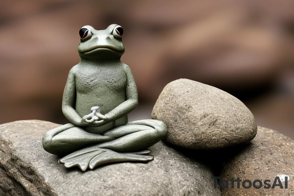 A meditating frog, cross-legged on a rock, with a leaf covering his head.

The frog should be depicted in a peaceful and serene state, with his eyes closed and a slight smile on his face. His hands should be resting on his knees in the traditional meditation pose. The rock should be large and sturdy, symbolizing the frog's stability and grounding. The leaf overhead should be lush and green, providing the frog with shelter and protection.

The overall tattoo should be calming and contemplative, conveying a sense of inner peace and harmony. It should be a reminder to the wearer to slow down, appreciate the simple things in life, and find their own inner zen.

Here are some additional details that you could include in the prompt:

The frog's skin could be green, with yellow spots.
The rock could be gray, with moss growing on it.
The leaf could be a large, heart-shaped leaf.
The background could be a simple wash of blue, representing the sky.
You could add a few other elements to the tattoo, such as a lotus flower or a waterfall, but be careful not to overcrowd the design. tattoo idea