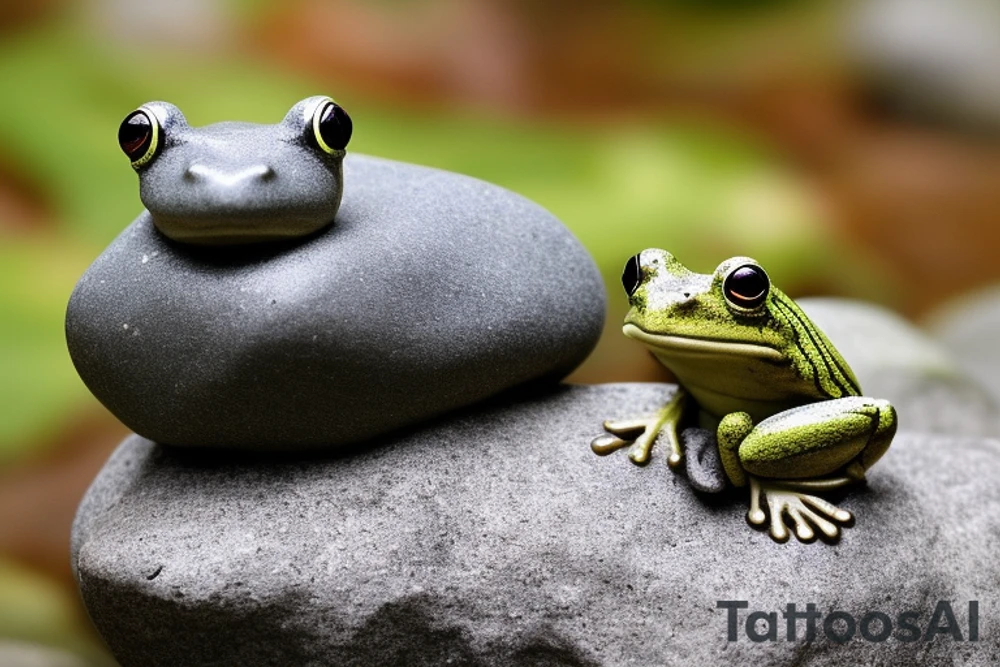 A meditating frog, cross-legged on a rock, with a leaf covering his head.

The frog should be depicted in a peaceful and serene state, with his eyes closed and a slight smile on his face. His hands should be resting on his knees in the traditional meditation pose. The rock should be large and sturdy, symbolizing the frog's stability and grounding. The leaf overhead should be lush and green, providing the frog with shelter and protection.

The overall tattoo should be calming and contemplative, conveying a sense of inner peace and harmony. It should be a reminder to the wearer to slow down, appreciate the simple things in life, and find their own inner zen.

Here are some additional details that you could include in the prompt:

The frog's skin could be green, with yellow spots.
The rock could be gray, with moss growing on it.
The leaf could be a large, heart-shaped leaf.
The background could be a simple wash of blue, representing the sky.
You could add a few other elements to the tattoo, such as a lotus flower or a waterfall, but be careful not to overcrowd the design. tattoo idea
