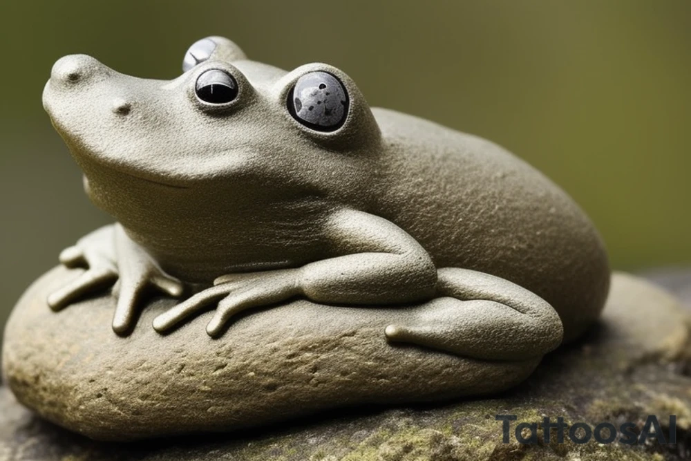 A meditating frog, cross-legged on a rock, with a leaf covering his head.

The frog should be depicted in a peaceful and serene state, with his eyes closed and a slight smile on his face. His hands should be resting on his knees in the traditional meditation pose. The rock should be large and sturdy, symbolizing the frog's stability and grounding. The leaf overhead should be lush and green, providing the frog with shelter and protection.

The overall tattoo should be calming and contemplative, conveying a sense of inner peace and harmony. It should be a reminder to the wearer to slow down, appreciate the simple things in life, and find their own inner zen.

Here are some additional details that you could include in the prompt:

The frog's skin could be green, with yellow spots.
The rock could be gray, with moss growing on it.
The leaf could be a large, heart-shaped leaf.
The background could be a simple wash of blue, representing the sky.
You could add a few other elements to the tattoo, such as a lotus flower or a waterfall, but be careful not to overcrowd the design. tattoo idea