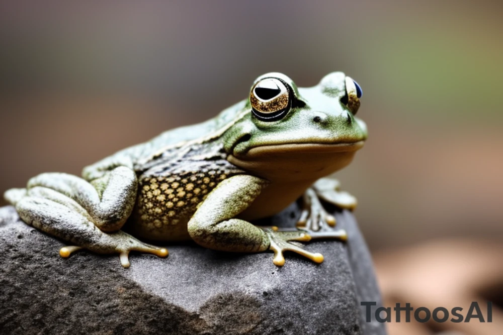 A meditating frog, cross-legged on a rock, with a leaf covering his head.

The frog should be depicted in a peaceful and serene state, with his eyes closed and a slight smile on his face. His hands should be resting on his knees in the traditional meditation pose. The rock should be large and sturdy, symbolizing the frog's stability and grounding. The leaf overhead should be lush and green, providing the frog with shelter and protection.

The overall tattoo should be calming and contemplative, conveying a sense of inner peace and harmony. It should be a reminder to the wearer to slow down, appreciate the simple things in life, and find their own inner zen.

Here are some additional details that you could include in the prompt:

The frog's skin could be green, with yellow spots.
The rock could be gray, with moss growing on it.
The leaf could be a large, heart-shaped leaf.
The background could be a simple wash of blue, representing the sky.
You could add a few other elements to the tattoo, such as a lotus flower or a waterfall, but be careful not to overcrowd the design. tattoo idea