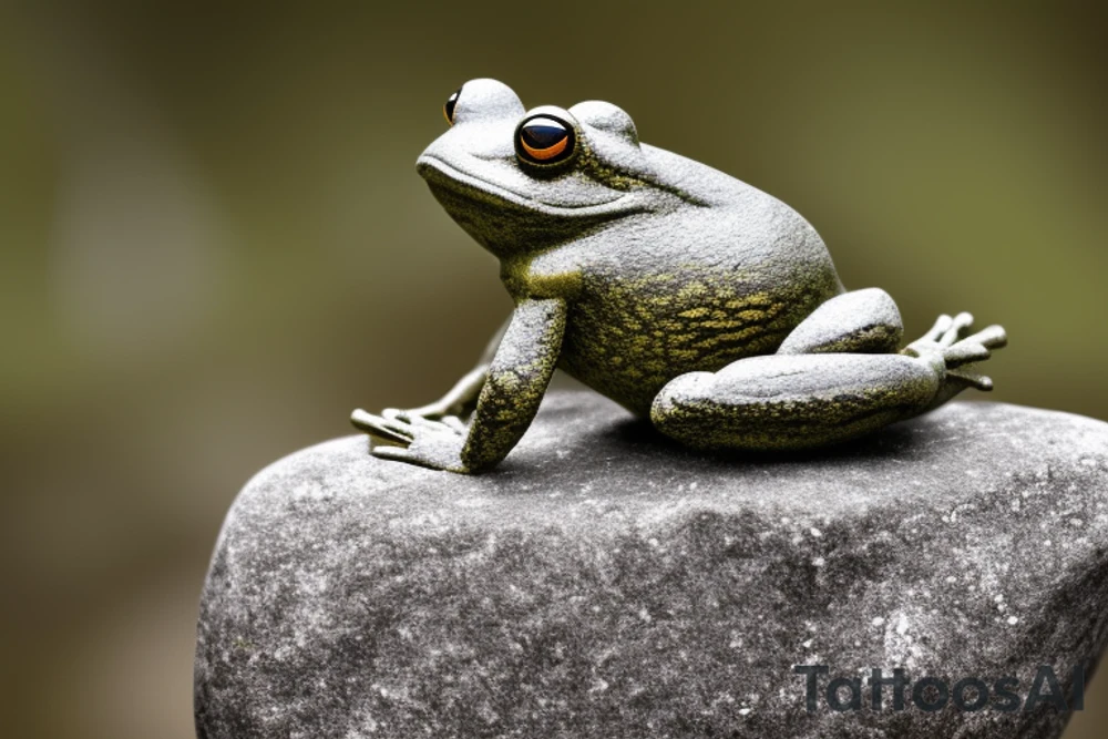 A meditating frog, cross-legged on a rock, with a leaf covering his head.

The frog should be depicted in a peaceful and serene state, with his eyes closed and a slight smile on his face. His hands should be resting on his knees in the traditional meditation pose. The rock should be large and sturdy, symbolizing the frog's stability and grounding. The leaf overhead should be lush and green, providing the frog with shelter and protection.

The overall tattoo should be calming and contemplative, conveying a sense of inner peace and harmony. It should be a reminder to the wearer to slow down, appreciate the simple things in life, and find their own inner zen.

Here are some additional details that you could include in the prompt:

The frog's skin could be green, with yellow spots.
The rock could be gray, with moss growing on it.
The leaf could be a large, heart-shaped leaf.
The background could be a simple wash of blue, representing the sky.
You could add a few other elements to the tattoo, such as a lotus flower or a waterfall, but be careful not to overcrowd the design.
He is wearing beads around his neck. tattoo idea