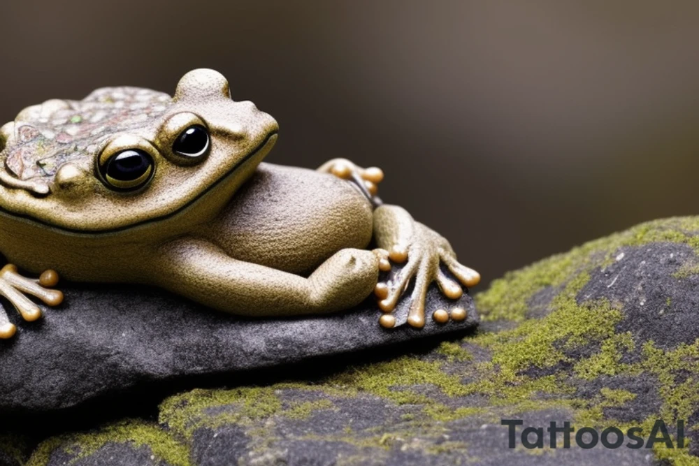 A meditating frog, cross-legged on a rock, with a leaf covering his head.

The frog should be depicted in a peaceful and serene state, with his eyes closed and a slight smile on his face. His hands should be resting on his knees in the traditional meditation pose. The rock should be large and sturdy, symbolizing the frog's stability and grounding. The leaf overhead should be lush and green, providing the frog with shelter and protection.

The overall tattoo should be calming and contemplative, conveying a sense of inner peace and harmony. It should be a reminder to the wearer to slow down, appreciate the simple things in life, and find their own inner zen.

Here are some additional details that you could include in the prompt:

The frog's skin could be green, with yellow spots.
The rock could be gray, with moss growing on it.
The leaf could be a large, heart-shaped leaf.
The background could be a simple wash of blue, representing the sky.
You could add a few other elements to the tattoo, such as a lotus flower or a waterfall, but be careful not to overcrowd the design.
He is wearing beads around his neck. tattoo idea