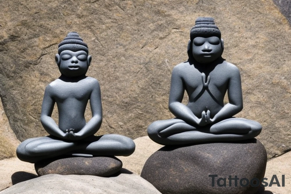 A meditating frog, cross-legged on a rock, with a leaf covering his head.

The frog should be depicted in a peaceful and serene state, with his eyes closed and a slight smile on his face. His hands should be resting on his knees in the traditional meditation pose. The rock should be large and sturdy, symbolizing the frog's stability and grounding. The leaf overhead should be lush and green, providing the frog with shelter and protection.

The overall tattoo should be calming and contemplative, conveying a sense of inner peace and harmony. It should be a reminder to the wearer to slow down, appreciate the simple things in life, and find their own inner zen.

Here are some additional details that you could include in the prompt:

The frog's skin could be green, with yellow spots.
The rock could be gray, with moss growing on it.
The leaf could be a large, heart-shaped leaf.
The background could be a simple wash of blue, representing the sky.
You could add a few other elements to the tattoo, such as a lotus flower or a waterfall, but be careful not to overcrowd the design.
He is wearing beads around his neck. tattoo idea