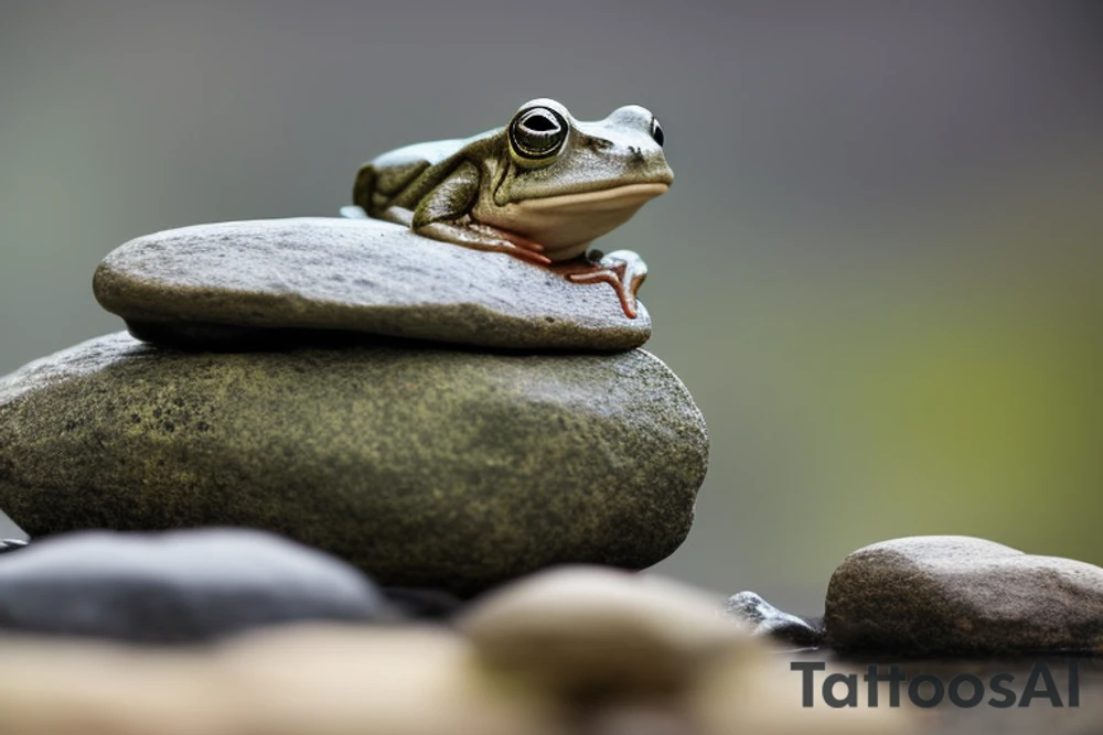 A meditating frog, cross-legged on a rock, with a leaf covering his head.

The frog should be depicted in a peaceful and serene state, with his eyes closed and a slight smile on his face. His hands should be resting on his knees in the traditional meditation pose. The rock should be large and sturdy, symbolizing the frog's stability and grounding. The leaf overhead should be lush and green, providing the frog with shelter and protection.

The overall tattoo should be calming and contemplative, conveying a sense of inner peace and harmony. It should be a reminder to the wearer to slow down, appreciate the simple things in life, and find their own inner zen.

Here are some additional details that you could include in the prompt:

The frog's skin could be green, with yellow spots.
The rock could be gray, with moss growing on it.
The leaf could be a large, heart-shaped leaf.
The background could be a simple wash of blue, representing the sky.
You could add a few other elements to the tattoo, such as a lotus flower or a waterfall, but be careful not to overcrowd the design.
He is wearing beads around his neck. tattoo idea